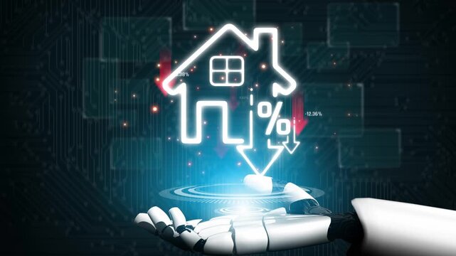 Futuristic Robot Hand Holding a House Symbol with Percentage Sign Indicating Real Estate Market Trends and Declining Graphs Sigmoid