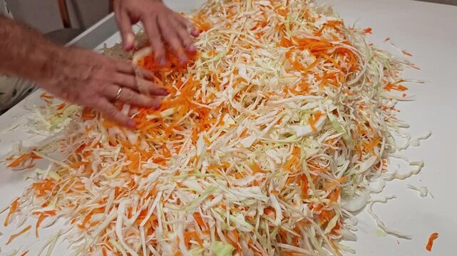 Male hands combining shredded cabbage and grated carrots for homemade sauerkraut, traditional vegetable fermentation, food preparation, and healthy home cooking.