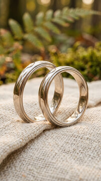 Platinum Wedding Bands Resting on Natural Linen with Fern Fronds