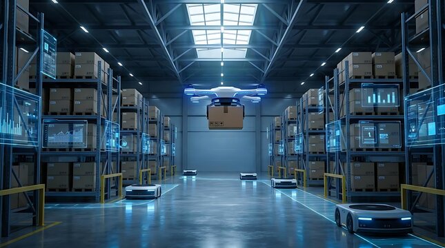 Automated warehouse with drone and robotic vehicles