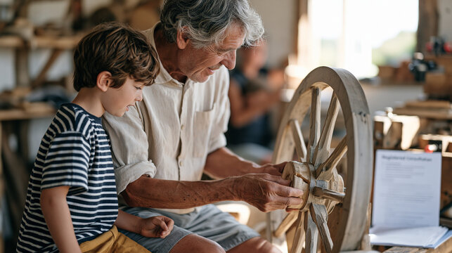 wheelwright in a quiet pastoral workshop fitting a wooden wheel spoke an elderly craftsman's hands working with precision while a child watches intently nearby a registered