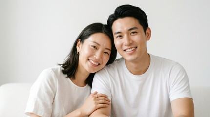 Obraz premium A couple smiling and embracing each other in a white room.