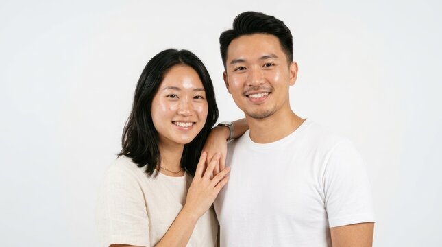 A man and a woman standing together, smiling and looking at the camera.