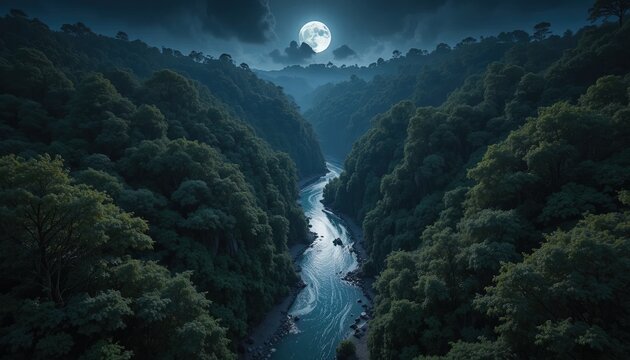Full moon over a river in a deep forest. Night landscape with glowing water and trees.