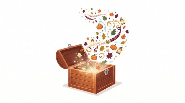 Open Treasure Chest with Autumn Leaves and Fruits Flying Out.