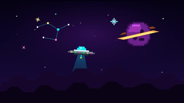 Pixel art space background animation featuring retro UFO flying over mountains with stylized purple planet and constellation in dark cosmic sky.