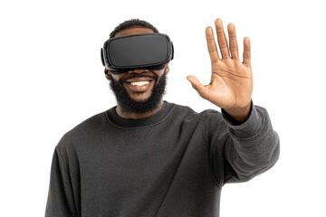 Naklejka premium Man wearing VR headset waving hand