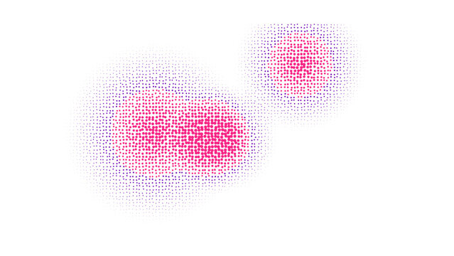 Abstract biological cell structure with pink and purple pixelated circles on a black background, for science and medical
