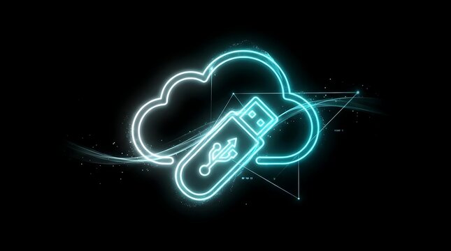 Blue glowing cloud and usb drive icon