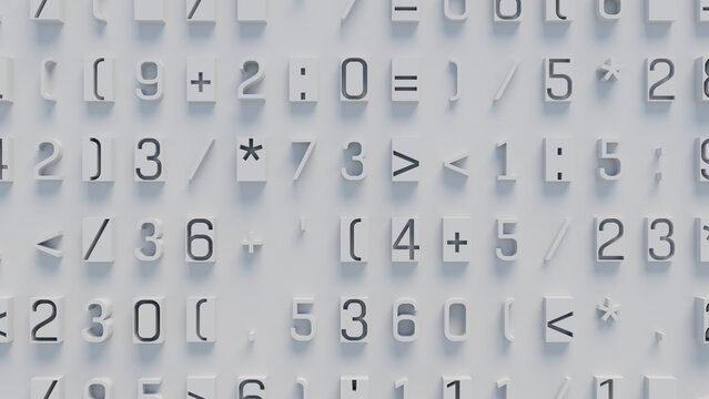 Close-Up of Textured Light Gray Surface Featuring Randomly Arranged 3D White Mathematical Symbols and Numbers for Data Science, Financial Technology, and Digital Design Backgrounds