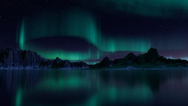 Beautiful Sky with Aurora and Stars. Blue Northern Lights Banner with copy-space.