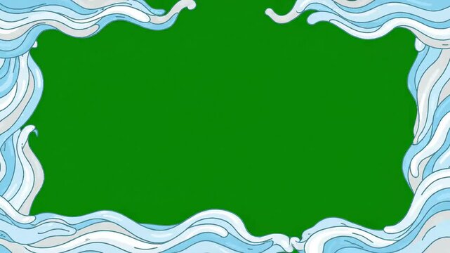 Cartoon water waves frame with green screen center for video compositing template background featuring fluid liquid blue ripples in hand drawn animation style layout