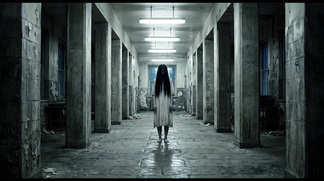 A ghostly figure with long black hair wearing a white dress standing in the center of a dark, abandoned, and dilapidated hospital hallway