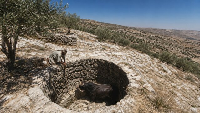 Man rescuing an ox from a stone cistern in a biblical hillside landscape. Luke 14 parable about compassion, Sabbath duty, and saving an animal in need.