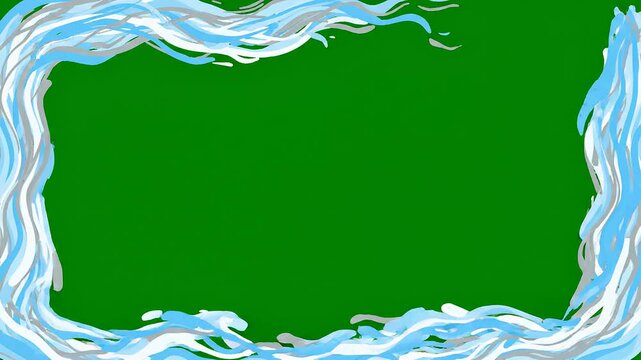 Abstract flowing water frame with dynamic blue liquid waves on solid green background for video overlay compositing and post production visual effects editing element