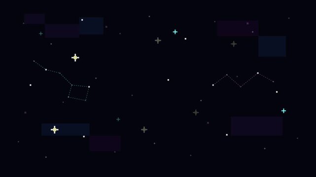 Pixel art space background featuring constellations stars and astronomical elements in a retro 8-bit aesthetic style for gaming or web design.