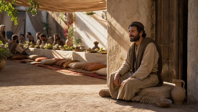 Humble man seated at the lowest place outside a communal feast. Biblical parable about humility, hospitality, and spiritual honor from the Gospel of Luke.