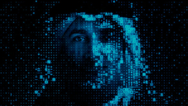Digital Face made of Code Fragments, symbolising Biometric Border Control Concept.