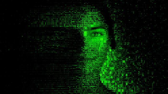 Female Face dissolving into Source Code. Identity Theft Concept.