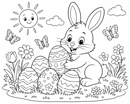 Cute bunny rabbit in a garden with flowers and sun coloring page