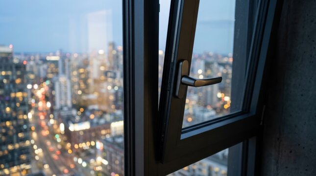 Modern Window Opening Overlooking A Blurred Cityscape At Dusk Showing Tall Skyscrapers And Urban Night Lights From A High Rise Apartment View