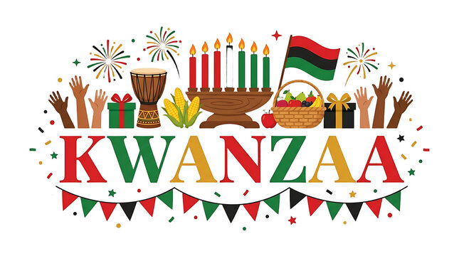 Kwanzaa holiday celebration banner, African American cultural festival symbols, Kinara candles and Pan-African flag on white background