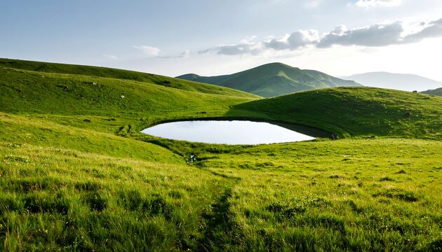 Rolling green hills with winding river and distant mountains.