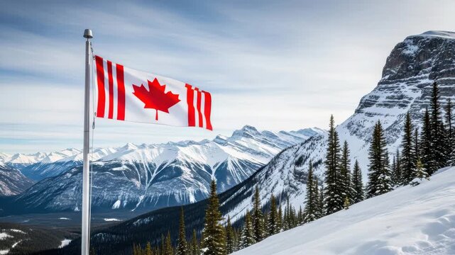 Canadian flag waving against a backdrop of snowy mountains and trees