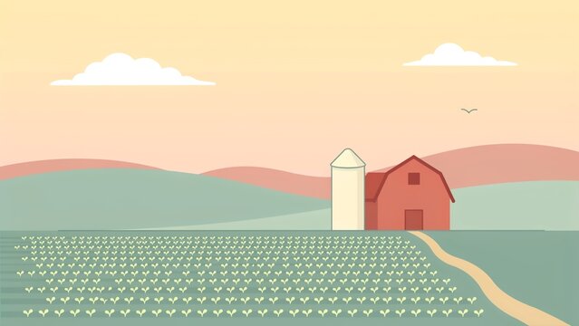 Minimalist flat vector illustration featuring red farm barn silo set within rolling green agricultural fields with silo situated amidst amidst rows crops