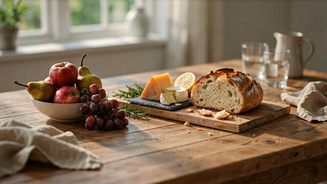 Rustic morning meal layout featuring fresh sourdough bread assorted fruits cheese platter wooden table with displays rustic breakfast breakfast spread freshly
