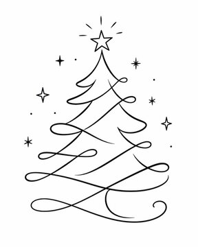 Simple hand drawn christmas tree sketch with stars on white background