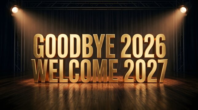 A brightly lit golden sign displays a farewell to twenty twenty six and a welcome to twenty twenty