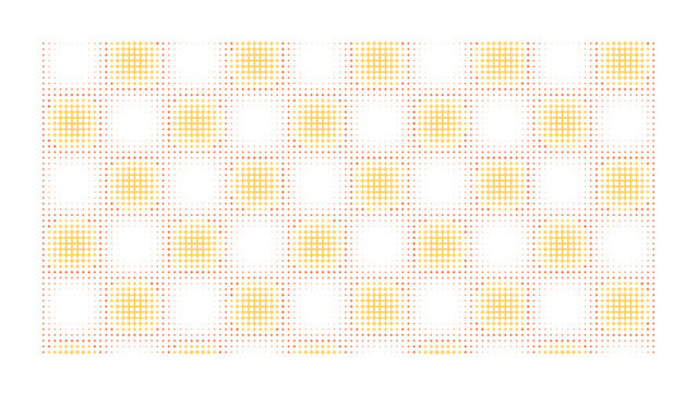 Rectangular grid pattern with alternating yellow and dark orange squares, featuring a black dot in the center of each, halftone style texture
