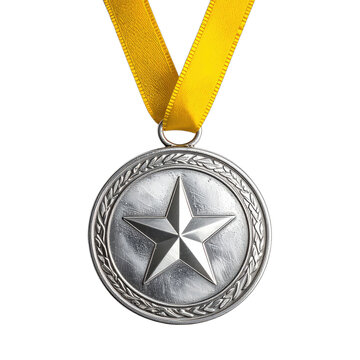 A silver medal with a star emblem hangs from a yellow ribbon.