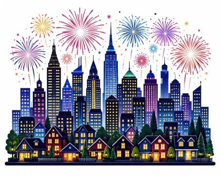 Pixel art city skyline with colorful fireworks at night on white