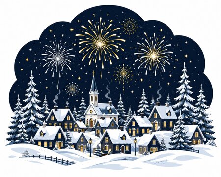 Pixel art snowy village with fireworks in the night sky illustration