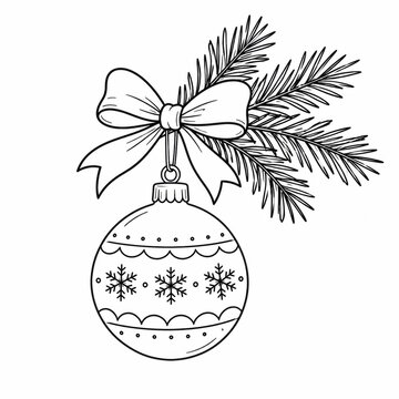Black and white line art of a christmas bauble with a pine branch