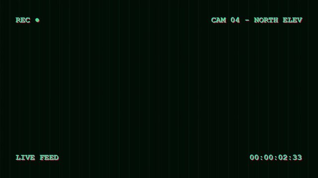 Security camera live feed overlay with retro glitch effect and timecode