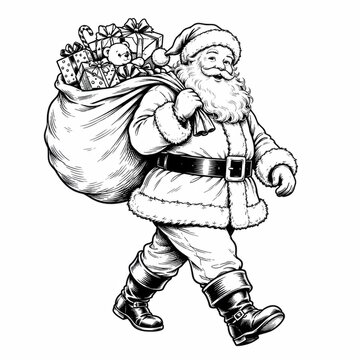 Santa claus walking with a big gift bag full of presents for holiday