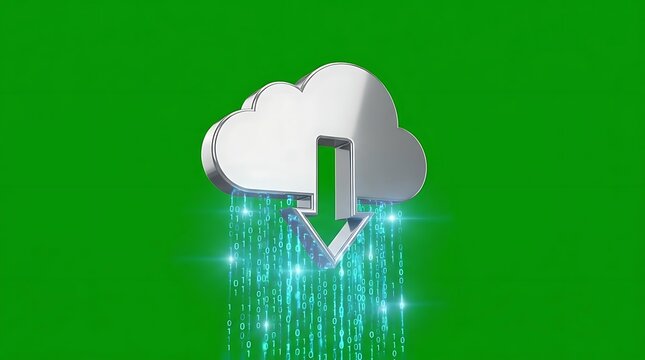 Silver cloud with download arrow and binary data on green background