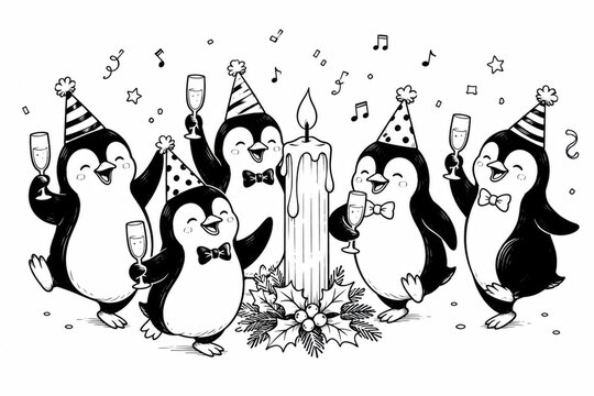Cute penguins wearing party hats celebrating a birthday together