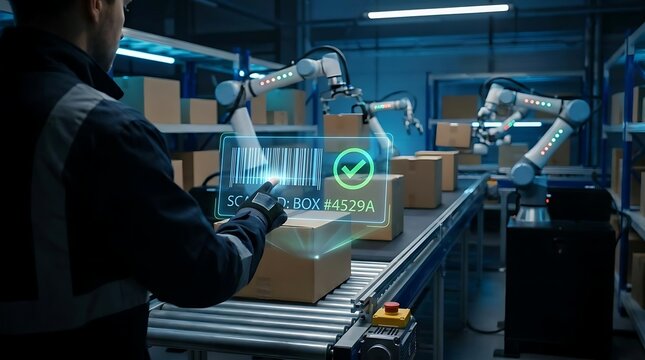 Warehouse worker scanning package with digital interface