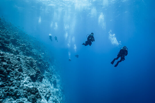 Group of scuba divers explores a deep coral reef