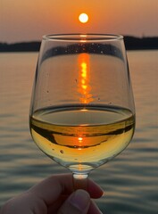Naklejka premium Hand holds wine glass against sunset over calm sea water. Golden solar reflection shines inside beverage drink. Summer evening scene shows romantic vacation vibe with alcohol refreshment. Person