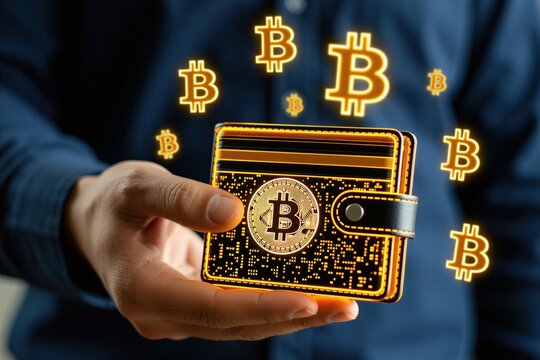 Person holds glowing crypto wallet with bitcoin symbols. Digital currency finance, future payment technology, secure blockchain asset. Virtual money investment, electronic cashless exchange.