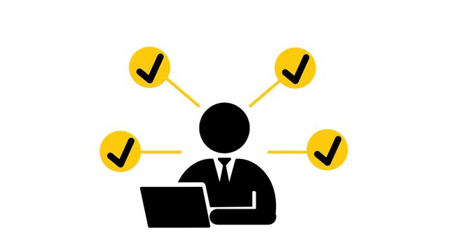 Multitasking worker icon surrounded by multiple checkmarks, representing productivity, task management, efficiency, and successful workflow completion.