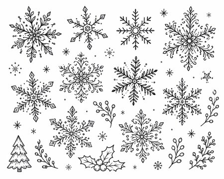 Set of hand drawn black snowflake designs for winter holiday decor