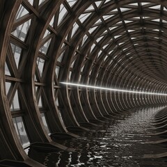 Fototapeta premium Futuristic arched tunnel structure with water and glowing light beam.