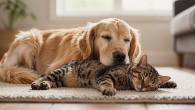 Golden Retriever Dog and Tabby Cat Peacefully Sleeping Together at Home