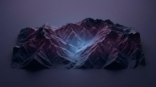 Abstract Mountain Topography: A dramatic, abstract representation of a mountain range, with sharp peaks and a glowing, illuminated valley center, rendered in deep purple and cool blue hues.